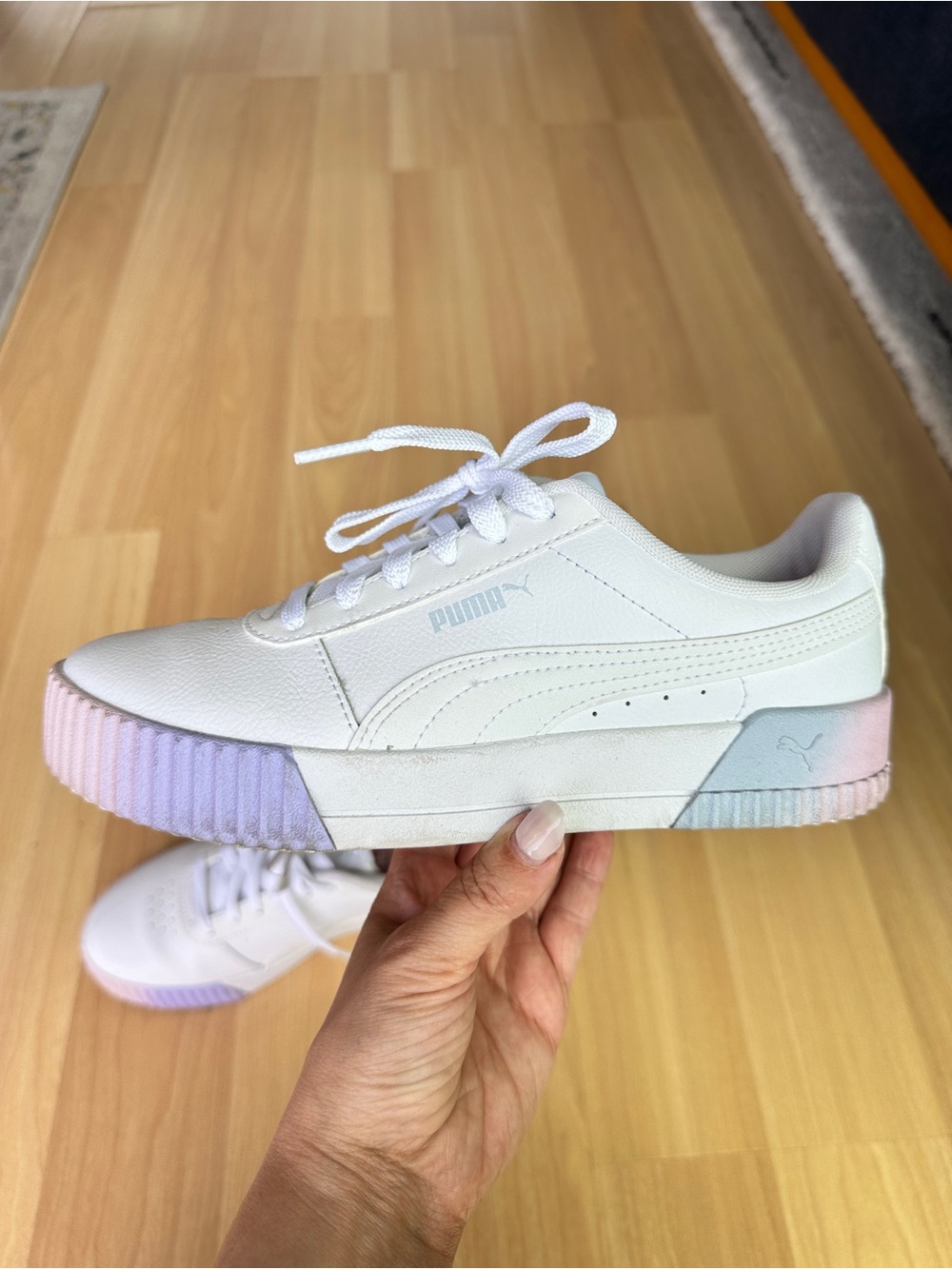 Puma White Low-Top Sneakers with Pastel Pink & Blue Gradient Sole
